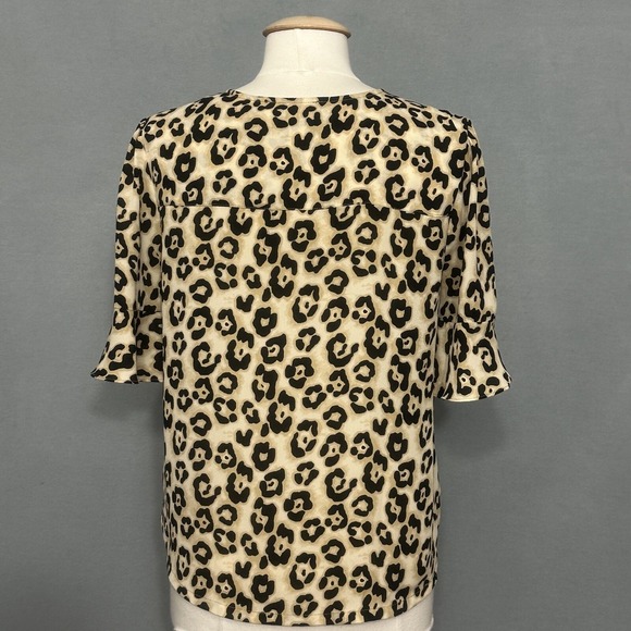 Y2K Animal Print Womens Top M Derona Surplice Beige Leopard Ruffle Classic Mob - Picture 5 of 13